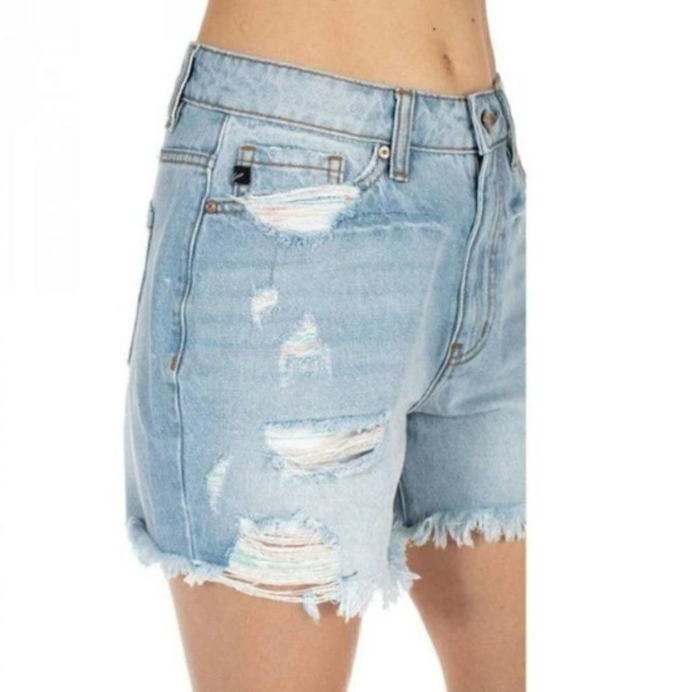 KanCan High Rise Distressed Denim Shorts Size 25 Light Wash Raw Hem Cutoff